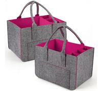 WEIWUXIAN 2 Stück 30L Groß Filztasche Einkaufstasche mit Fächern, Faltbar Filztaschen Shopper mit Stabile Henkel und Verschluss, Filz Einkaufskörbe Flaschentasche zur Einkaufen, Ausgehen (Rosa)