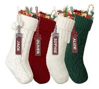 Weldomcor Weihnachtsstrumpf 4er Set, 46cm Große Gestrickt Weihnachtssocken mit Namensschildern Rot Weiß Grün Personalisiert Nikolausstrumpf zum befüllen Christmas Stockings für Kamin Weihnachten Deko