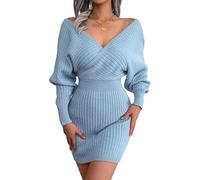 Wellwits Damen Flügelschulter Strickmuster Surplice-Schnitt Tiefem V-Ausschnitt Bodycon-Kleid Blau M