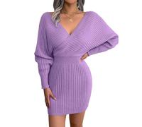 Wellwits Damen Flügelschulter Strickmuster Surplice-Schnitt Tiefem V-Ausschnitt Bodycon-Kleid Lila S