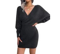 Wellwits Damen Flügelschulter Strickmuster Surplice-Schnitt Tiefem V-Ausschnitt Bodycon-Kleid Schwarz S