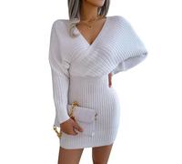 Wellwits Damen Flügelschulter Strickmuster Surplice-Schnitt Tiefem V-Ausschnitt Bodycon-Kleid Weiße M