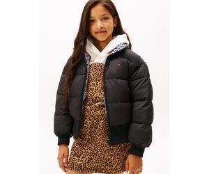 Wendejacke TOMMY HILFIGER "REVERSIBLE STRIPE PUFFER BOMBER", Mädchen, Gr. 7 (122), schwarz (schwarz aop), Web, Obermaterial: 100% Polyester, unifarben, regular fit normal, Rundhals, eingesetzt Rippbün
