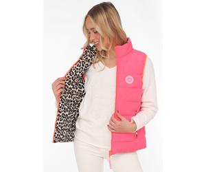 Wendeweste ZWILLINGSHERZ "Leo", Damen, Gr. L, beige (neon pink, beige), Steppware, Obermaterial: 100% Polyester, Basic hüftbedeckend, ohne Ausschnitt, Westen, beidseitig tragbar, Animal-Muster, Reißve