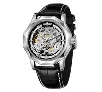 WENFVVIN Herren Automatikuhren Mechanische Skelett Römische Ziffern Dodecagon Armbanduhr mit Echtlederarmband, silber