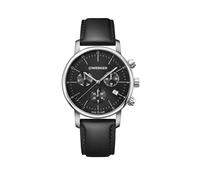 WENGER Herren Armbanduhr Urban Classic Chronograph Ø 44 mm, Swiss Made, Analog Quarz, Wasserdicht bis 100 m, Leder-Armband, Schwarz, 01.1743.102