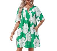 Wenrine Damen Flatter-Minikleid mit kurzen Ärmeln, lässig, V-Ausschnitt, locker fließendes Sommerkleid, Grün 1, X-Groß