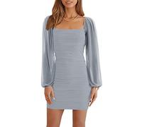 Wenrine Damen Kleider Party Cocktail Club Bodycon Kleid Hochzeitsgast Mesh Langarm Square Neck Minikleid Slim Fit(Hellgrau,M)