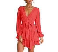 Wenrine Damen Kleider Sexy Tiefer V-Ausschnitt Freizeitkleid A Linie Rüschen Minikleid Langarm Wickelkleid mit Gürtel, Orange, L