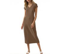 Wenrine Damen Kurzarm Midi Kleid V Ausschnitt Lange Kleider Einfarbige Sommer T-Shirt Kleid Kaffee S