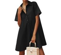 Wenrine Damen-Minikleid, Oversize-Shirt, Knopfleiste, kurzärmelig, lässig, V-Ausschnitt, fließendes Sommerkleid, Schwarz, Mittel