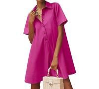 Wenrine Damen-Minikleid, Oversize-Shirt, Knopfleiste, kurzärmelig, lässig, V-Ausschnitt, fließendes Sommerkleid, Rosenrot, Groß