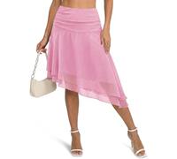Wenrine Damen Tüllrock Midi Rock Mesh Asymmetrisch Knielang Rüschen Rock Plissee Gestufter Hohe Taille Minirock Rosa S
