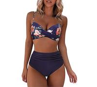 WEOPLKIN Bikini Damen Set Push Up High Waist Bikini Elegant Badeanzüge für Damen Swimsuit Drucken Zweiteiliger Badeanzug mit Bügel Triangel Bikini Swimsuit Bikini schwarz blau S