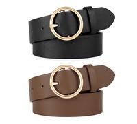WERFORU 2 Stücke Frauen Ledergürtel für Jeans Hosen Damen PU Leder Gürtel mit Gold O-Ring Schnalle Schwarz/Kaffee