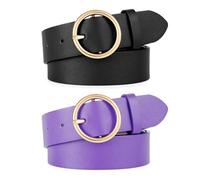 WERFORU 2 Stücke Frauen Ledergürtel für Jeans Hosen Mode Damen Leder Gürtel mit Gold O-Ring Schnalle Schwarz/Lila