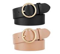 WERFORU 2 Stücke Frauen Ledergürtel für Jeans Hosen Mode Damen Leder Gürtel mit Gold O-Ring Schnalle Schwarz/Khaki