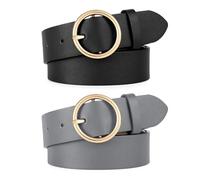 WERFORU 2 Stücke Frauen Ledergürtel für Jeans Hosen Mode Damen Leder Gürtel mit Gold O-Ring Schnalle Schwarz/Grau