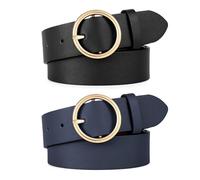 WERFORU 2 Stücke Frauen Ledergürtel für Jeans Hosen Mode Damen Leder Gürtel mit Gold O-Ring Schnalle Schwarz/Marineblau