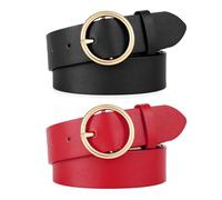 WERFORU 2 Stücke Frauen Ledergürtel für Jeans Hosen Mode Damen Leder Gürtel mit Gold O-Ring Schnalle Schwarz/Rot