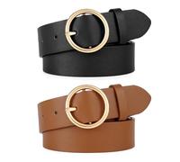 WERFORU 2 Stücke Frauen Ledergürtel für Jeans Hosen Mode Damen Leder Gürtel mit Gold O-Ring Schnalle Schwarz/Braun