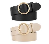 WERFORU 2 Stücke Frauen Ledergürtel für Jeans Hosen Mode Damen Leder Gürtel mit Gold O-Ring Schnalle Schwarz/Beige