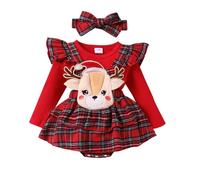 WERNZATT-Baby Girl Christmas Dress Ruffle Long Sleeve Rentier Stickerei Kleid Infant Plaid Kleid mit Stirnband Baby Outfit (Red 6, 3-6 Months)