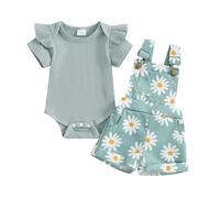 WERNZATT Baby Mädchen Shorts Set Kurzarm Strampler mit Blumendruck Strumpfhalter Shorts Sommer Outfit (Green, 12-18 Months)
