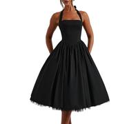 WERNZATT Elegantes Tutu-Kleid für Damen, Neckholder, ärmellos, offener Rücken, gekreuzt, A-Linie, Midi-Tankkleid, Hochzeit, Club, Party, Streetwear, Schwarz , S