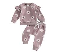 WERNZATT Kleinkind Mädchen Outfit Gänseblümchen Drucken Lange Ärmel Sweatshirt Mit Elastischer Taille Hosen 2 Stück Set (Purple, 18-24 Months)