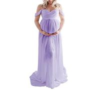 WERNZATT-Mutterschaft Kleid für Fotografie solide Farbe Off-Shoulder Chiffon Kleid Front Split Lange Schwangerschaft Kleider (Hellviolett, XL)