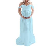 WERNZATT-Mutterschaft Kleid für Fotografie solide Farbe Off-Shoulder Chiffon Kleid Front Split Lange Schwangerschaft Kleider (Blau, XL)