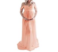 WERNZATT-Mutterschaft Kleid für Fotografie solide Farbe Off-Shoulder Chiffon Kleid Front Split Lange Schwangerschaft Kleider (Rosa, L)