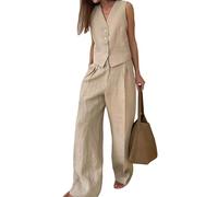 Wesafrae Damen 2-Teiliges Outfit, Leinenweste, Elegante -Sets, Hosenanzüge Khaki M