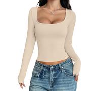 Wesafrae Damen Langarmshirts Crop Tops Square Neck Ausgehen Basics Tees Y2K Winterkleidung 2025 Aprikose M