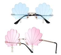 WESIEVYA 2 Stück Randlose Muschel Sonnenbrille Damen PC Leicht Rave Brille Farbvariante Goldrahmen Hellblau Party Festival Eyewear