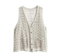 Weste Damen Cardigan Hippie Gilet Häkeln Hohl Floral Lace Spitze Boho Ärmellos Cardigan mit V Ausschnitt Kurz Strickjacke DamenBluse Häkel Tops CrochetCardigan Outwear Beachwear (Beige, One Size)