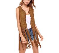 Weste Damen Faux Wildleder Cowboy Ärmellos Weste Cardigan mit Fransen Freizeitweste Karnevals-Weste Retro Lange Weste Damen
