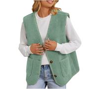 Weste Damen Kurz Winter Warme Teddy Fleece Weste Einfarbig Knöpfen Plüschweste Mit Taschen Ärmellos V-Ausschnitt Fleeceweste Bequem Übergangsweste Weich Kaschmir Plüschjacke Outer Plüschmantel