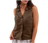 Weste Damen Musselin, Revers V-Ausschnitt Ärmellos Tanktops Vintage Baumwoll Weste Leinen Damenwesten Kurz Button Down Schmale Passform Tops Summer Modisch Bluse Einfarbige Trägertop Locker Blusentop