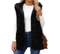 Weste Damen Teddy Ärmellose Teddyfleece Jacke Damen Fleeceweste Leicht Warm Teddyweste Mit Kapuze Teddyjacke Plüschweste Casual Locker Damenweste Elegant Kuschelweste Fellmantel Black XL
