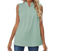 Weste Tops für Frauen V-Ausschnitt Lose Lange Baumwolle Tunika Tops Ärmelloses Shirt Sommer Longshirt Tank Westen Damen Ärmellos Tops Lässige Tunika Bluse Loses Shirt Ärmellos Geknöpftes Rüschen Top