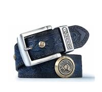 Western Cowboy Gürtel Herren, Erste Schicht Rindsleder, Neuheits Gürtel Mit Dornschließe Aus Edelstahl, Vintage-Blumendruck Geschnitzter, Für Jeans, Pants,Blau,105CM/41.3''
