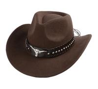 Western Cowboy Hat with Unique Bull Head Accessories Distressed Edged Outdoor Sun Protection Hat Wool Felt Multi Functional Unisex Cowboy Hat with Leather Strap (Brown