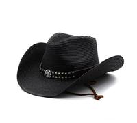 Western-Cowboyhut aus Naturpapier, breite Krempe, für Damen und Herren, Sommer, Strand, Strohhut, Panama, Cowgirl, Jazz, Schwarz , 6 7/8-7 1/8