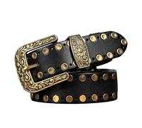 Western Gürtel Herren, Leder Metall Punk Rock Nietengürtel, Cowboy Herren Ledergürtel Für Jeans, Vintage-Geschnitzter Dornschließe Aus Messing,Schwarz,120CM/47.3''