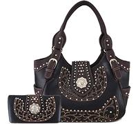 Western-Stil Strass Concho West versteckte Tragetasche Country Handtasche Damen Schultertasche Brieftasche Set, #2 Schwarz Set, Large