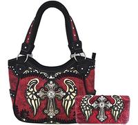 Western-Stil Strass Kreuz Nieten Laser Cut Flügel Zooled Leder Geldbörse Damen Handtaschen Country Umhängetasche Geldbörse Set, #4 Red Set, Large