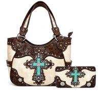 Western Style Rhinestone Cross Conchos Studded Women Purse Tooled Leather Handbag Country Shoulder Bag Trifold Wallet Set