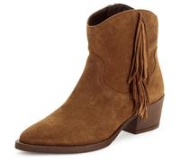 Westernstiefelette TAMARIS, Damen, Gr. 38, braun (dunkelbraun), Veloursleder, unifarben, Schuhe, Blockabsatz, Boots, Cowboystiefelette mit modischen Fransen (84024509-38) dunkelbraun